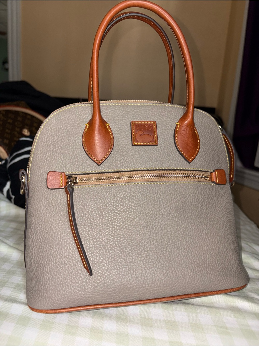 Dooney & Bourke Taupe Satchel with Brown Trim and Handles